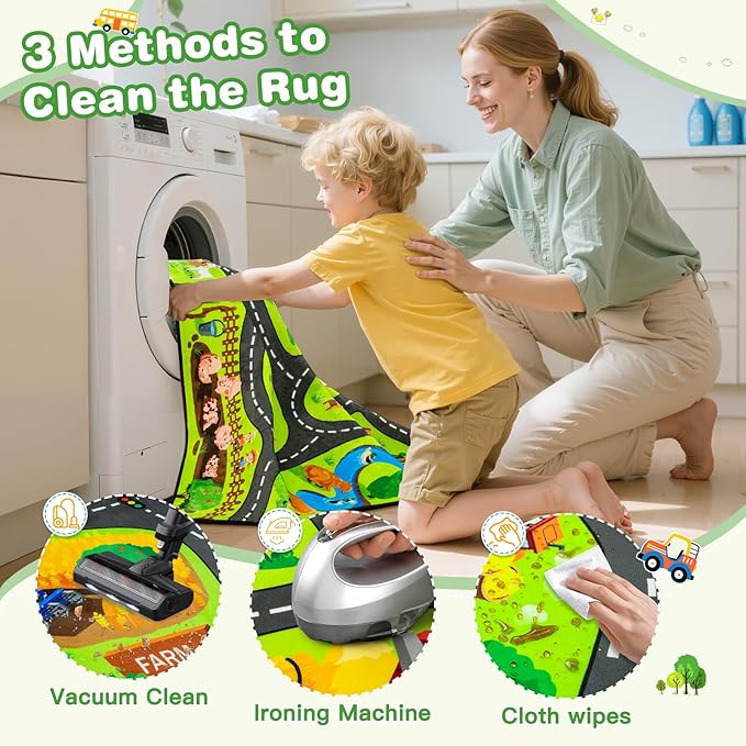 Kids Farm Play Rug, 5' x 7' FT Happy Farm Activity Playmat, Extra Thick (0.4in) - Non-Slip Car Rugs for Kids' Toy Cars, Educational Play Mat Race Track Carpet for Kid's Room, Bedroom and Learning