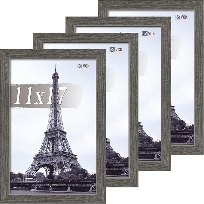 VCK 11x17 Picture Frame Set of 4 - Grey, Gallery-Quality Wood Poster Frames, 1.1-Inch Wide Border, Polished Plexiglass, Vertical or Horizontal Wall Display for Photo/Art/Prints, Grey