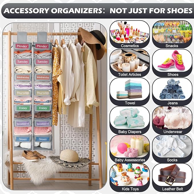 2 Pack 7 Shelf Weekly Clothes Organizer Hanging Closet for Kids with Side Pockets Weekday Shoes Rack Weekly Clothes Organizers Monday Through Weekend Foldable Storage Shelves(Gray)