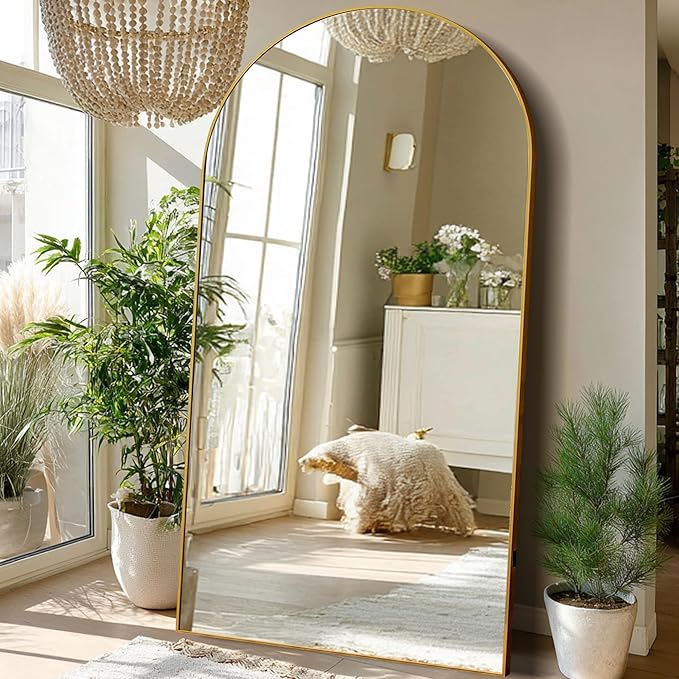 Beauty4U 79" x 39" Large Arched Full Length Mirror with Stand, Metal Frame Gold Wall Mounting Full Body Tempered Mirror for Living Room, Bedroom