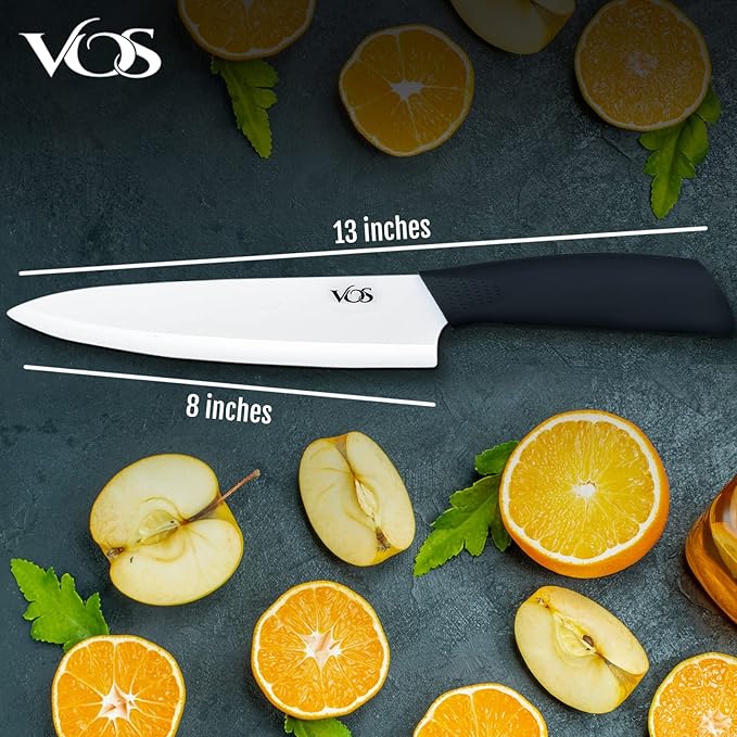 Vos Ceramic Chef Knife 8 Inch with Protection Cover – Large Ceramic Kitchen Knife for Slicing, Dicing, and Fruits – Lightweight Zirconia Blade – Luxury Gift Packaging – Ultra Sharp Chefs Knife (Black)