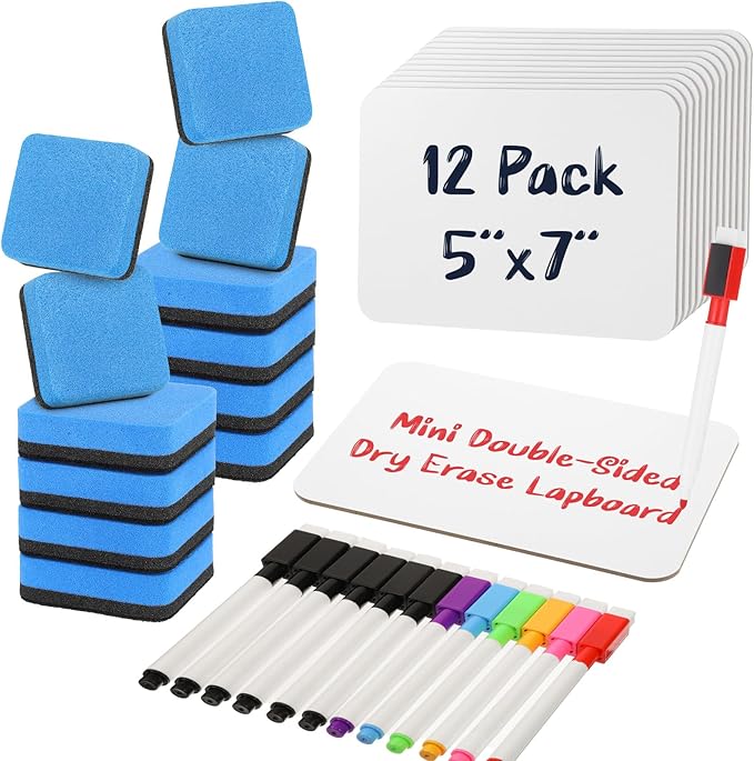 Small White Board 12 Pack Dry Erase Boards 9''x 12'' LapBoards with 12 Erasers & Markers Mini White Board Double Sided Portable Whiteboards for Students Teachers Office School Supplies Lapboards