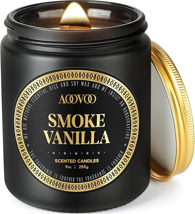 AOOVOO Scented Candle for Home Scented - Wood & Vanilla Scented Candles | Strong Fragranced Soy Mens Candles | Masculine Candle, Wood Wicked Candles | Smokey & Vanilla Candle in Black Jar, AO-LZY0152