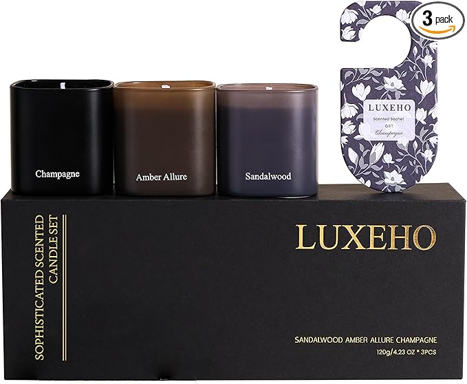 Luxury Scented Candle Gift Set 3-Pack | Champagne, Sandalwood & Amber | Clean Soy Wax | for Women & Men (3.52 oz Each) | 75 Hour Burn Time