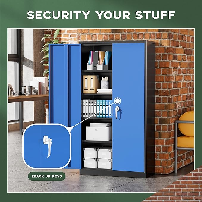 Greenvelly Metal Garage Storage Cabinet with Doors and Adjustable Shelves,72" Steel Lockable File Cabinet for Home Office,Garage,School(Black Blue,32" W x 16" D)
