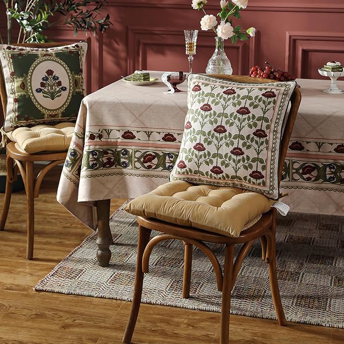 Design Linen Square Throw Pillow Covers 18"x18" Pack of 2, Yellow Green French Cushion Covers with Red Rose Floral Pattern Decoration Pillowcases for Bed, Living Room, Outdoor, Car