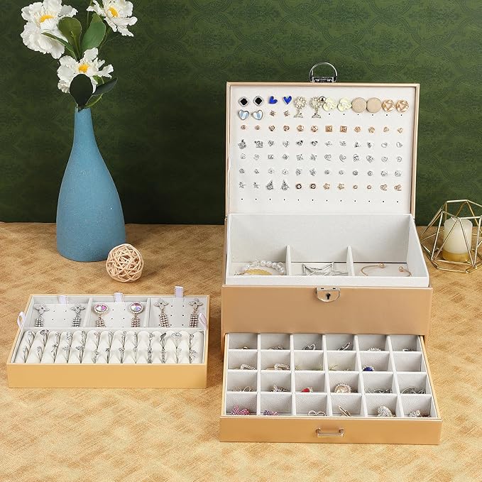 BOOVO Earring Jewelry Box For Women Girl Stud Organizer, 5 Layers Girl Jewelry Organizer Box With Lock Earring Holder Organizer Necklace Ring Jewelry Organizer Box For Girls (Champagne)