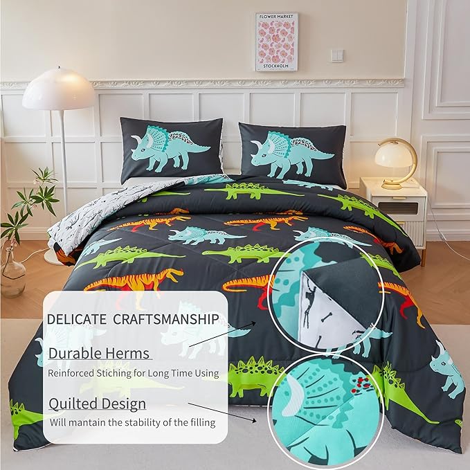 RYNGHIPY Dinosaur Bedding Set Queen Size Dinosaur Kids Comforter Set for Boys Girls Soft Breathable Cute Dinosaur Bed Set for All Season (Black,Queen)
