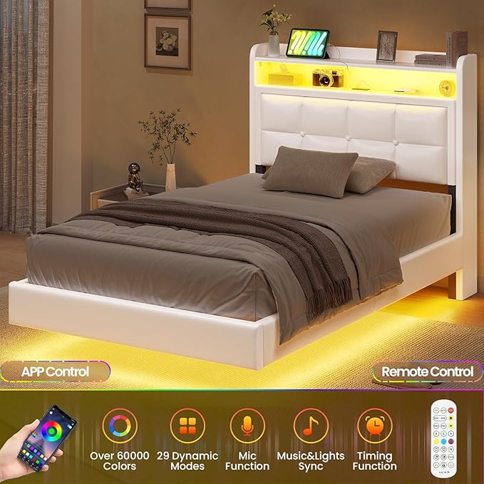Twin Size Floating Bed Frame with Tufted Storage Headboard, LED Upholstered Platform Bed with 4 Charging Ports, White Pu Leather Floating Bed, Wood Slats, No Box Spring Needed