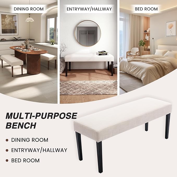 Farmhouse Upholstered Dining Bench Seat, 45" Linen Entryway Bench with Black Wood Legs, Mid Century Modern End of Bed Bench for Kitchen Bedroom Living Room Hallway, for 2-3 Person, Beige