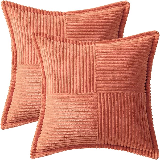 MIULEE Decorative Throw Pillow Covers for Couch Bed Livingroom 18x18 Inch Set of 2 Coral Red Boho Accent Throw Pllows Broadside Striped Patchwork Soft Corduroy Summer Pillowcases