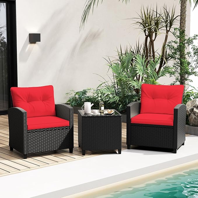 Tangkula 3 Pieces Patio Furniture Set, Rattan Conversation Set w/Soft Seat & Back Cushions, Tempered Glass Topped Coffee Table, Cushioned Wicker Seating for Backyard, Porch, Poolside (Red)