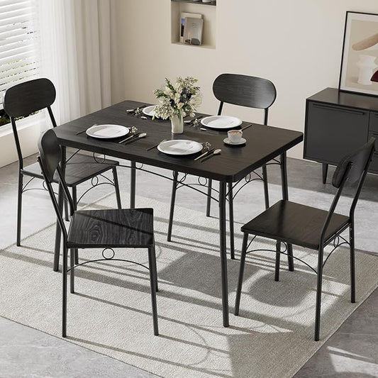 VECELO Dining Table Set for 4, 5-Piece Kitchen Table with 4 Chairs, MDF Board Tabletop with Metal Frame for Small Space, Compact Dinette, Breakfast Nook, Black