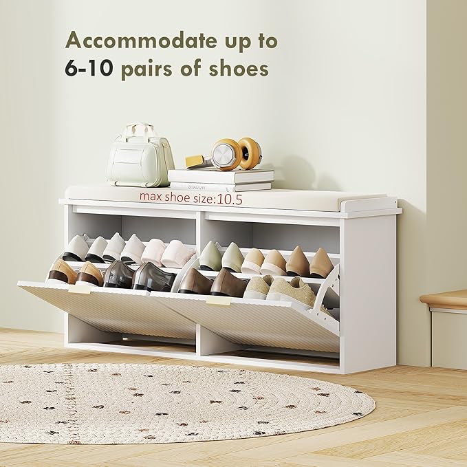 HOMCOM Shoe Bench with Padded Seat Cushion and 2 Flip-Drawers, Entryway Bench Holds up to 529lb, Shoe Cabinet, 40.9x10.2x18.7 Inches, White