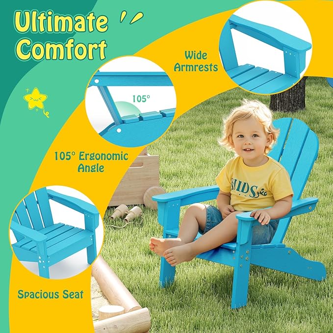 Giantex HDPE Kids Adirondack Chair - All-Weather Lawn Toddler Chair with Ergonomic Design, Children’s Outdoor Chair for Toddlers Ages 3-8, Kid’s Patio Furniture for Deck, Garden (4, Turquoise)