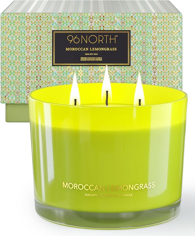 96NORTH Luxury Lemongrass Candle | Large 3-Wick Jar Candle | Up to 40 Hours Burning Time | 100% Natural Soy Wax | Relaxing Aromatherapy Aesthetic Candle | Housewarming Gift for Men and Women
