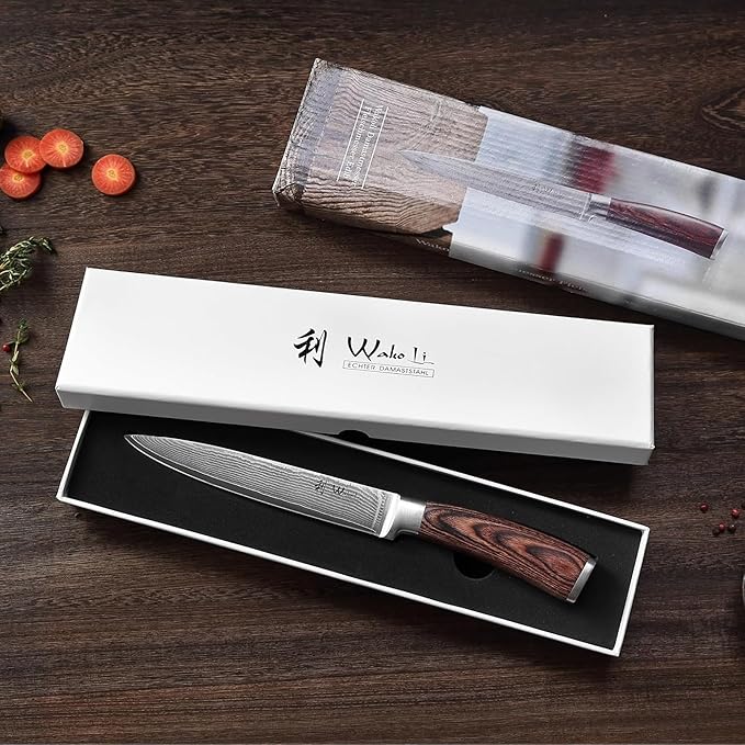 Wakoli EDIB Damascus Meat Knife – 7-inch blade made of 67 layers of Damascus steel with VG10 core, ergonomic Pakkawood Handle, for Meat, Fish, BBQ, Roasts & more – in Gift Box