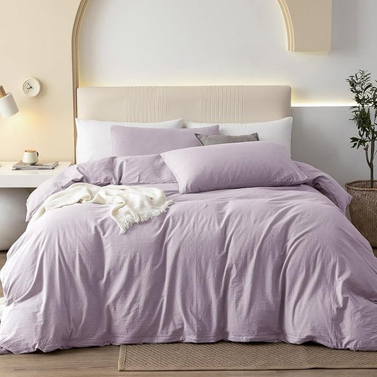 JIYUAN 100% Washed Cotton Duvet Cover Set 3 Pieces Queen, 1 Duvet Cover 90x90 Inches(Comforter Not Included) and 2 Pillowcases,Linen Like Comfy and Breathable,Heathered Light Purple