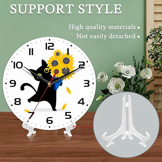 Wall Clocks,Black Cat Wall Clock Decorative,Sunflower Kitchen Wall Clock Battery Operated-10 Inch Round Bathroom Clocks Silent Non-Ticking