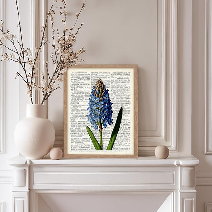 Poster Master Dictionary Art Poster - Blue Hyacinth Print - Flower Art - Floral Art - Gift for Men, Women & Florist - Minimal Decor for Bedroom, Office, Dorm or Flower Shop, 11x14 Beige Framed