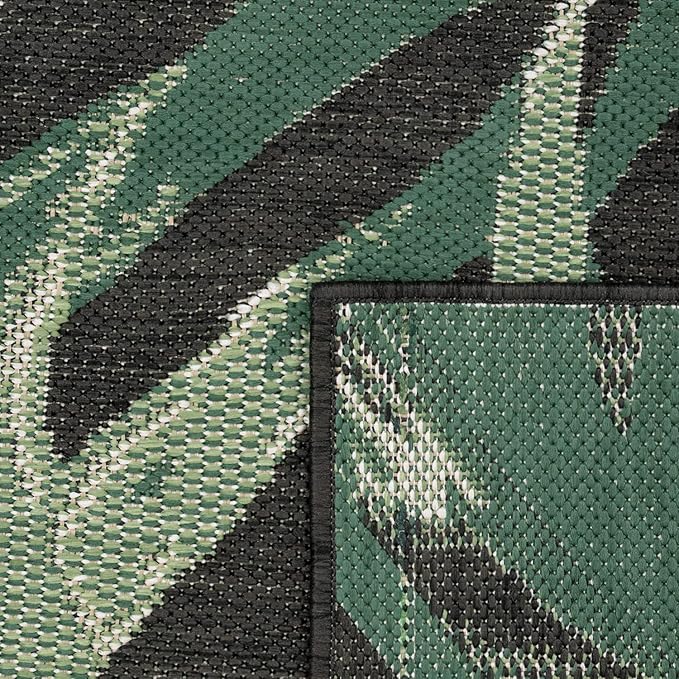Tropical Outdoor Rug Palm Tree & Jungle Design Flatweave in Black Green, Size: 4'7" x 6'7"