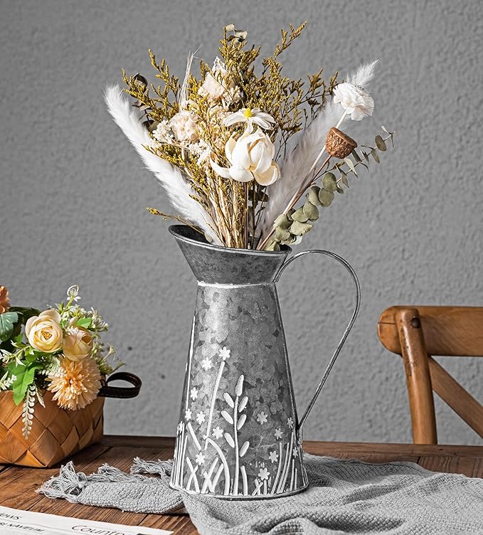 Vintage Galvanized Metal Pitcher Vase, Farmhouse Rustic Flower Vase with Handle, Decorative Floral Milk Jug Vase for Home Décor, 10.8’’H