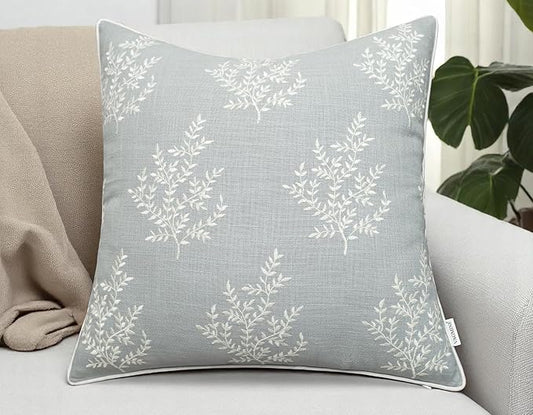 VAGMINE Embroidered Leaves Throw Pillow Cover - 20x20 Inches Square - 100% Cotton Robins Egg Cushion Cover - Textured Embroidery - Chic Coastal Home Accent for Sofa, Lounge, Farmhouse Decor