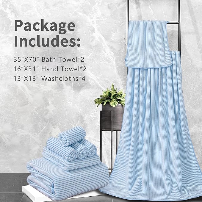 8-Piece Premium Towel Set for Bathroom|2 Oversized Large Bath Sheet,2 Hand Towels,4 Washcloths|Soft Cozy Highly Absorbent Fast Dry Microfiber Shower Towel Set for Hotel Bathroom Essentials,Blue White