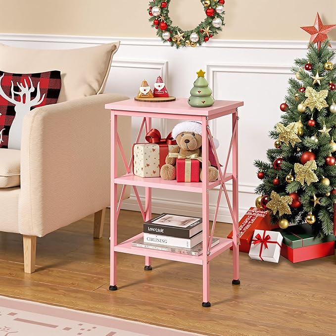 VECELO End Table, Bedside Table, 24" Tall Living Room End Tables, X-Design Reinforced Nightstands, Side Table with 3-Tier Storage Shelves for Small Spaces, Office, Bathroom, Bedroom, Pink