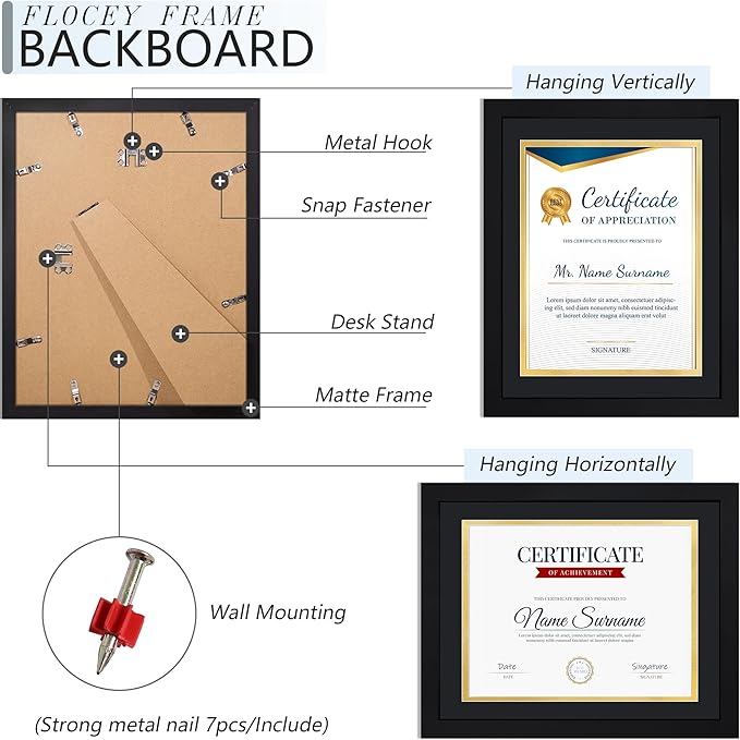 11x14 Picture Frame set of 6, Multi Certificate 8.5 by 11 Picture Frames with Mat Bulk, Document Diploma Award Frame for Wall Hanging or Tabletop Display, Black