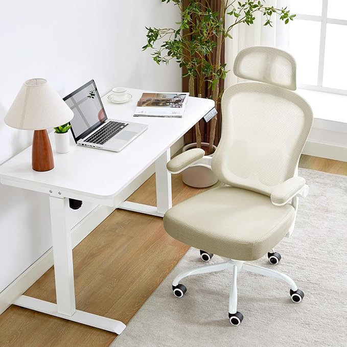 Ergonomic Office Chair,Ultra Thick Office Desk Chair with Adjustable Lumbar Support and Headrest,Spring Cushion,Rocking Function,Flip-up arms,Mesh Computer Chair for Home Office,Khaki