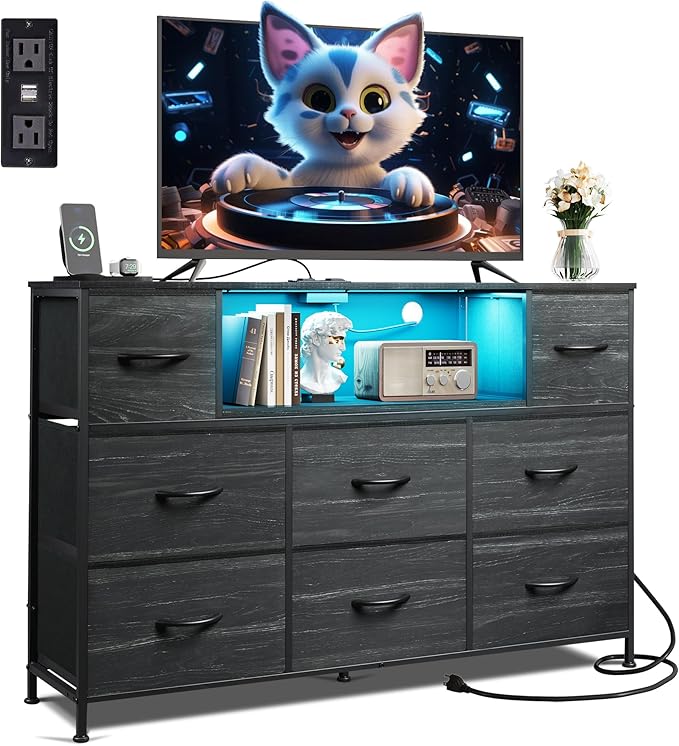 WLIVE Black TV Stand for 45, 50, 55 inch TV, Entertainment Center with LED Lights & Charging Station, TV Media Console Table with 8 Fabric Drawers and Open Shelves for Living Room, Hallway, Wood Top