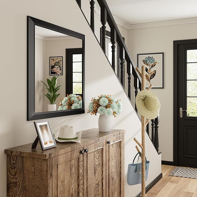 28x36 Inch Black Bathroom Mirror for Wall, Thick Metal Framed Rectangle Mirrors for Over Sink, Bedroom, Living Room, Entryway, Anti-Rust, HD Tempered Glass