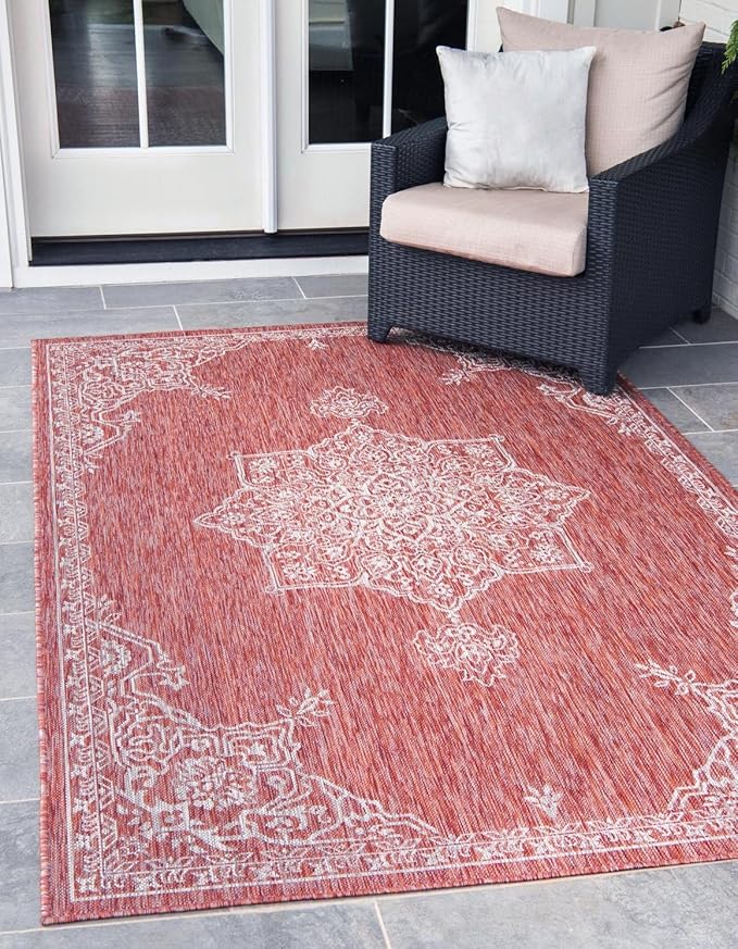 Unique Loom Outdoor Traditional Collection Area Rug - Antique (10' x 14' 1" Rectangle Rust Red/Ivory)
