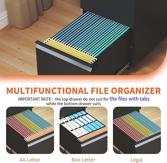 2 Drawer Mobile File Cabinet Under Desk Metal Filing Cabinet Vertical File Cabinet with Lock Office Rolling Storage Cabinets for Legal/Letter/A4 File Fully Assembled Except Wheels