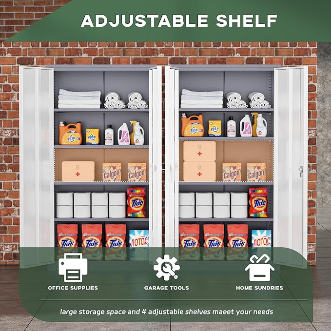 Greenvelly Metal Garage Storage Cabinet, 72”Locking Steel Storage Cabinet with 2 Doors and 4 Adjustable Shelves for Home Office,School,File(Gray White)