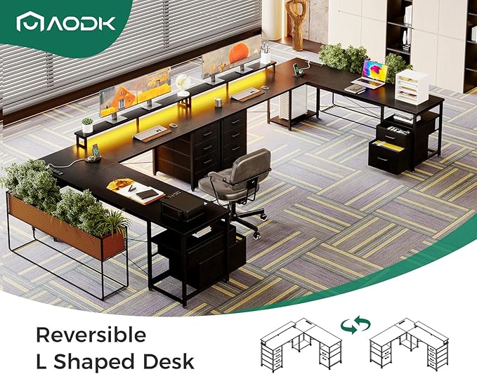 AODK 66" L Shaped Computer Desk, 113“ Reversible Home Office Desk with File Cabinet & 4 Fabric Drawers, Two Person Desk with LED Lights & Power Outlet, Corner Gaming Desk with Monitor Shelf, Black