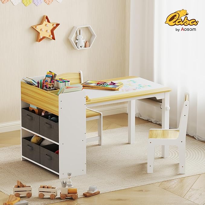 Qaba Kids Art Table & Easel Chair Set with Paper Roll, Toddler Desk and Chairs Set with Storage Shelves and Drawers, Activity Craft and Play Table for Writing Drawing Aged 3-8 Years Old, Natural Wood