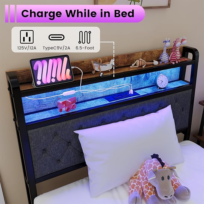 Winkalon Twin Led Bed Frame with Headboard, Bed Frame with Charging Station, Metal Platform Bed Frame Twin Size No Box Spring Needed, Modern Wood Upholstered Headboard and Under Bed Storage