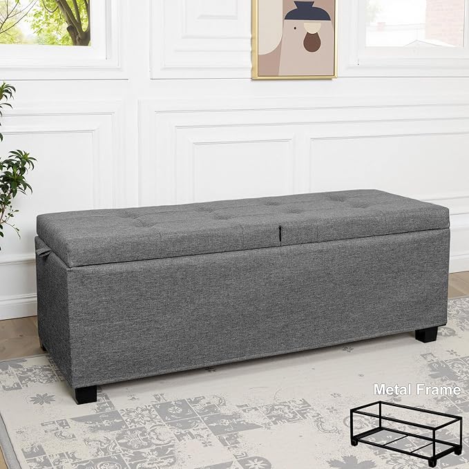 Metal Storage Ottoman, End of Bed Bench, Foot Stool with Legs, Storage Chest Footrest for Bedroom, Entryway, Living Room, 15.7 x 43 x 15.7 Inches, Linen Grey