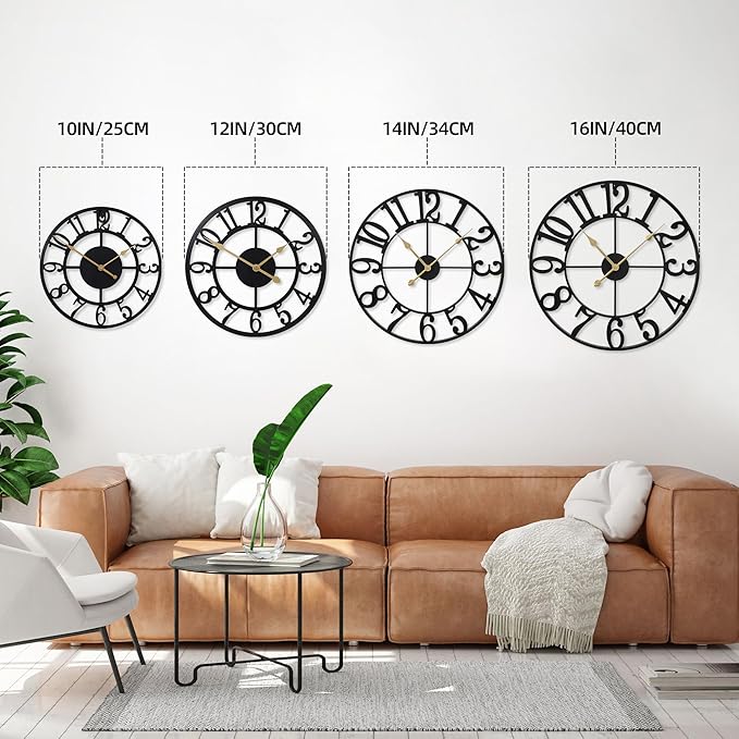 Wall Clock Battery Operated,Silent Non Ticking Modern Rustic Metal Small Clocks for Living Room/Bedroom/Office/Kitchen/Farmhouse Home Decor-16IN(Arabic Number-Black)