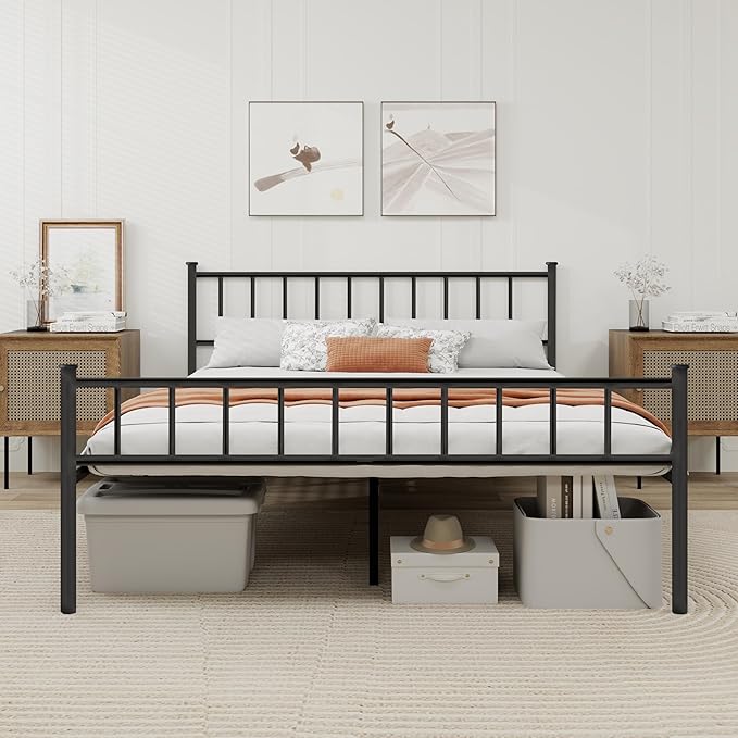 Metal Platform King Bed Frame with Headboard Sturdy Steel Slats Support No Box Spring Needed Easy Assembly Black