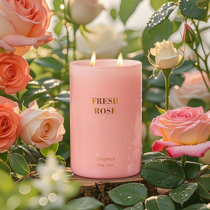 Goodpick Fresh Rose Candles for Women, Pink Candle, Soy Wax 22oz Large 120 Hours Burn, Stress Relief Aromatherapy Candles