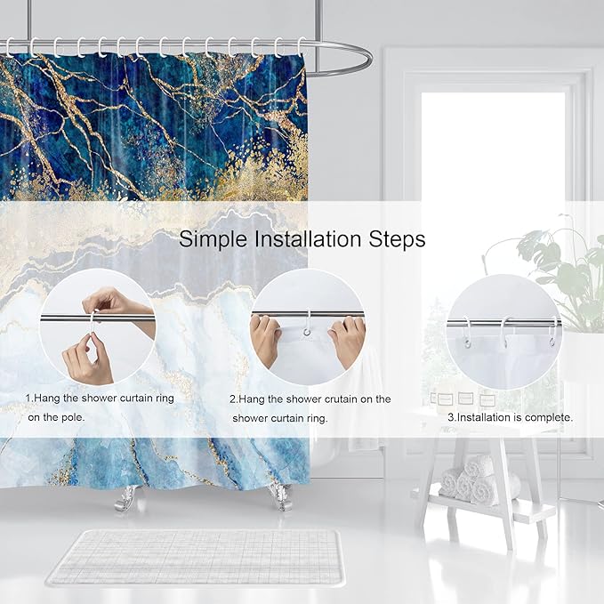 Marble Shower Curtain, Blue Marble Shower Curtain Set, Abstract Luxury Blue Golden Glitter Veins Texture Marble Shower Curtains for Bathroom, Waterproof Fabric with 12 Hooks, 72 x 72 inches