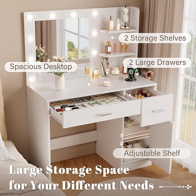 YESHOMY Vanity Desk with Mirror, 10 Lights, Power Outlet and 3 Storage Shelves, Makeup Table with 2 Drawers & 1 Cabinet, 3 Color Modes, for Bedroom, White