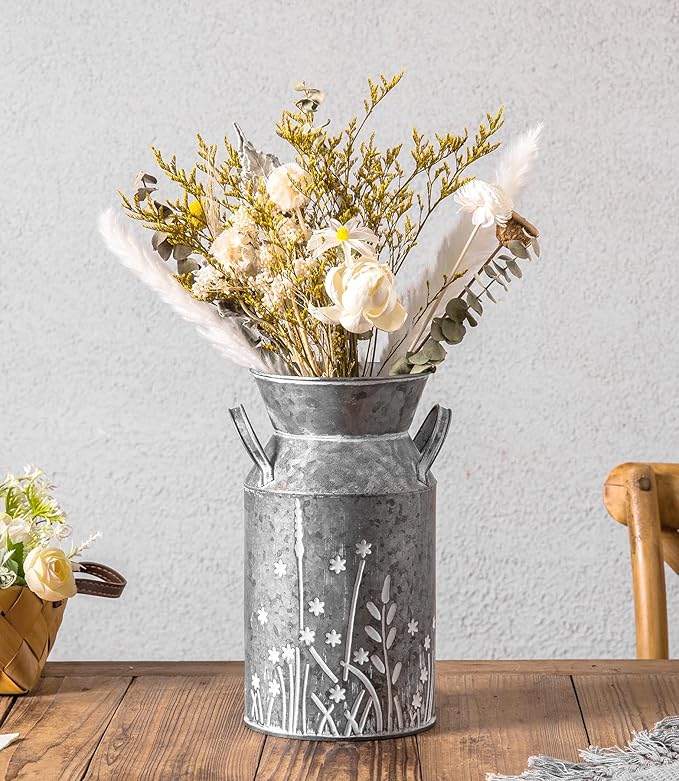Vintage Galvanized Metal Milk Can, Farmhouse Rustic Flower Pitcher Vase, Decorative Floral Milk Jug Vase for Home Décor, 10.8’’H