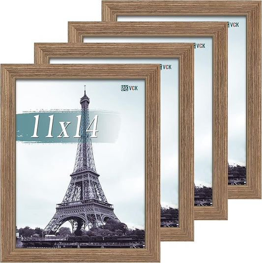 VCK 11x14 Picture Frame Set of 4 - Walnut, Gallery-Quality Wood Poster Frames, 1.1-Inch Wide Border, Polished Plexiglass, Vertical or Horizontal Wall Display for Photo/Art/Prints, Walnut