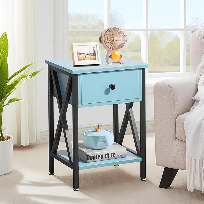 VECELO Nightstand,Modern Bedside End Table, Night Stand with Drawer and Storage Shelf for Living Room Bedroom, Industrial Metal Frame