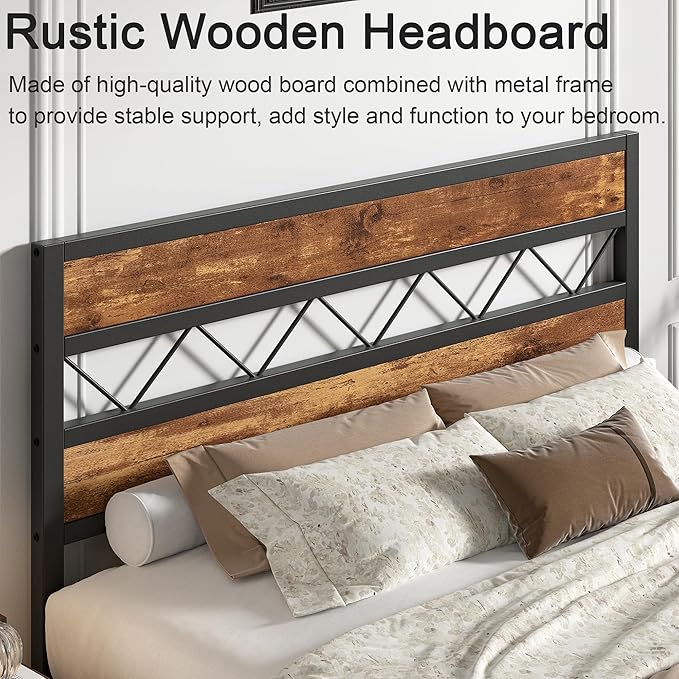 VECELO Full Size Bed Frame with Headboard, Heavy-Duty Platform Bedframe with Metal Slats Support, No Box Spring Needed, Easy Assembly, Black & Brown