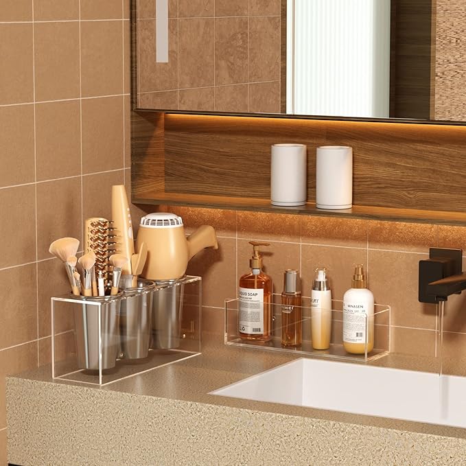 HIIMIEI Hair Tool Organizer, Acrylic Hair Dryer Holder, Bathroom Countertop Blow Dryer Stand Storage, Vanity Organizer for Accessories, Makeup, Flat Irons, Curling Irons, and Toiletries (Clear)